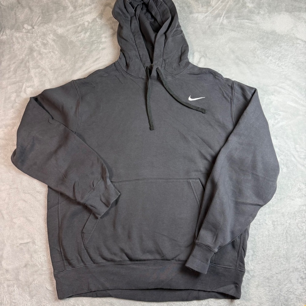 NIKE Mens Large Charcoal Gray Pullover Hoodie Embroidered Swoosh Fleece Pocket